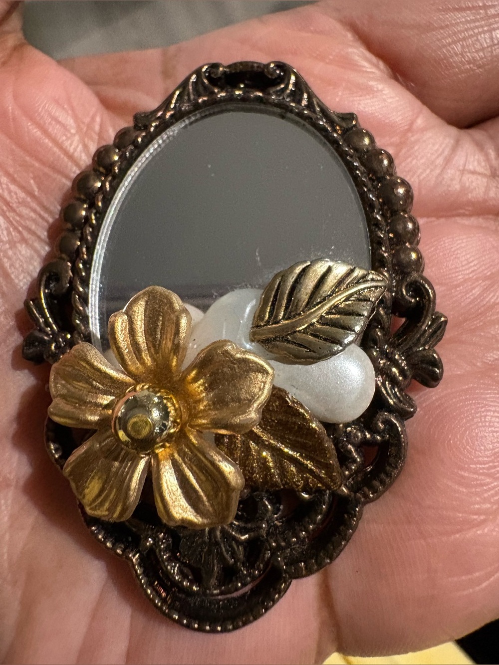 Vintage Style Mirror Brooch Floral Pearl Ornate Statement Pin